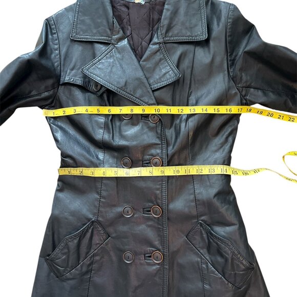 Black Vintage Double Breasted Leather Trench Coat Size Small - Picture 9 of 10